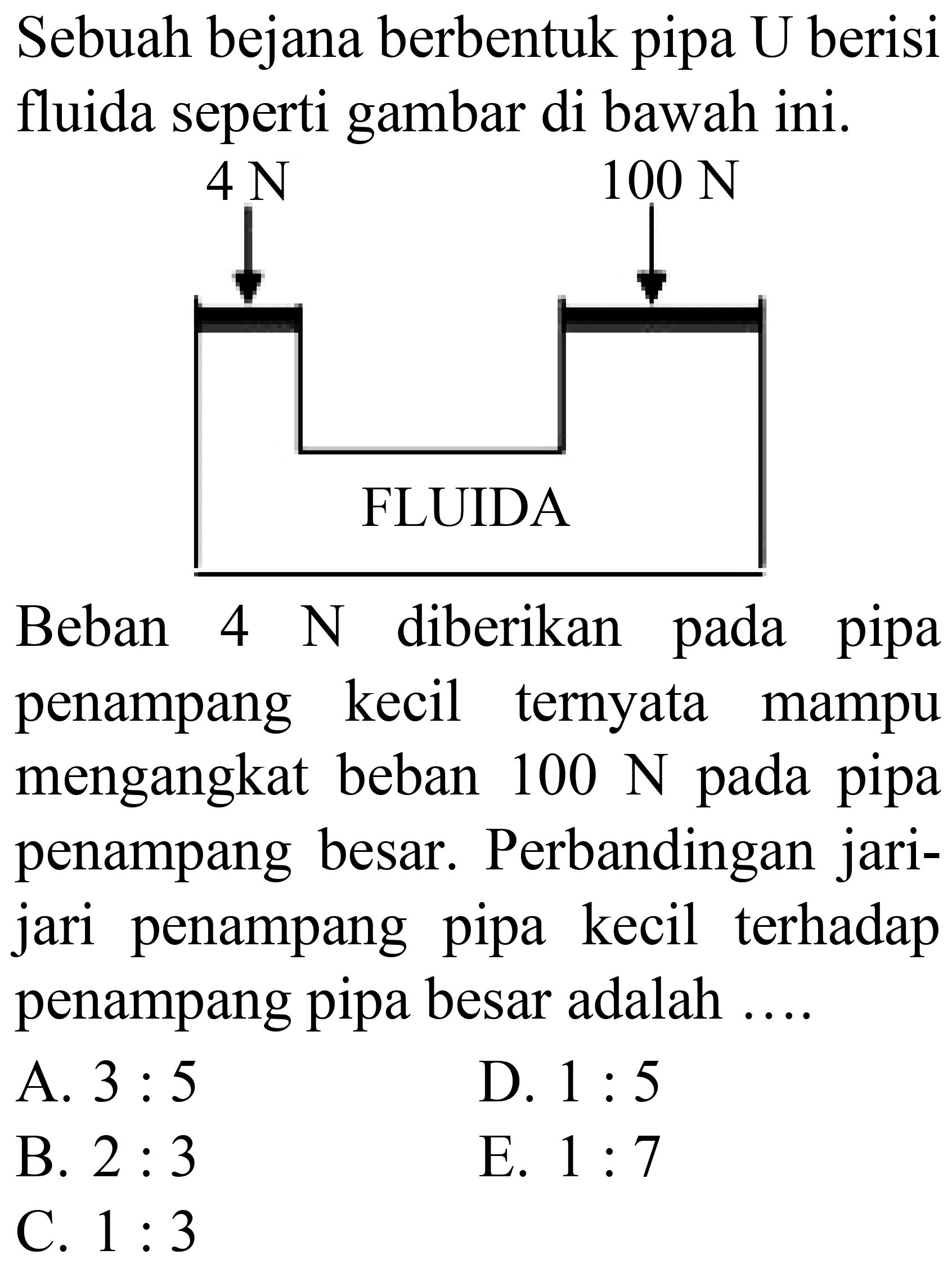 Sebuah bejana berbentuk pipa U berisi fluida seperti gambar di bawah ini.
4 N 100 N FLUIDA
Beban  4 ~N  diberikan pada pipa penampang kecil ternyata mampu mengangkat beban  100 ~N  pada pipa penampang besar. Perbandingan jarijari penampang pipa kecil terhadap penampang pipa besar adalah ....
A.  3: 5 
D.  1: 5 
B.  2: 3 
E.  1: 7 
C.  1: 3 