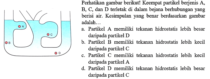 Perhatikan gambar berikut! Keempat partikel berjenis  A ,  B, C , dan  D  terletak di dalam bejana berhubungan yang berisi air. Kesimpulan yang benar berdasarkan gambar adalah...
a. Partikel A memiliki tekanan hidrostatis lebih besar daripada partikel D
b. Partikel B memiliki tekanan hidrostatis lebih kecil daripada partikel  C 
c. Partikel C memiliki tekanan hidrostatis lebih kecil daripada partikel A
d. Partikel D memiliki tekanan hidrostatis lebih besar daripada partikel C