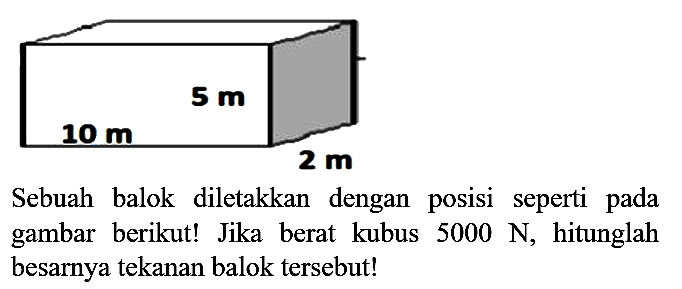 Sebuah balok diletakkan dengan posisi seperti pada gambar berikut! Jika berat kubus  5000 ~N , hitunglah besarnya tekanan balok tersebut!