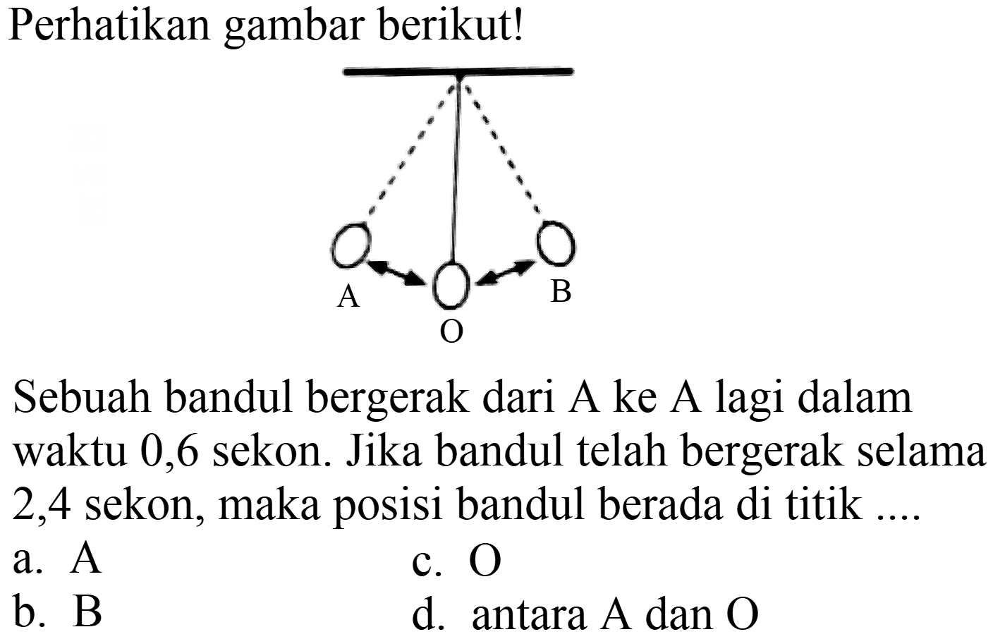 Perhatikan gambar berikut! A O B Sebuah bandul bergerak dari A ke A lagi dalam waktu 0,6 sekon. Jika bandul telah bergerak selama 2,4 sekon, maka posisi bandul berada di titik ....
a. A c. O b. B d. antara A dan O