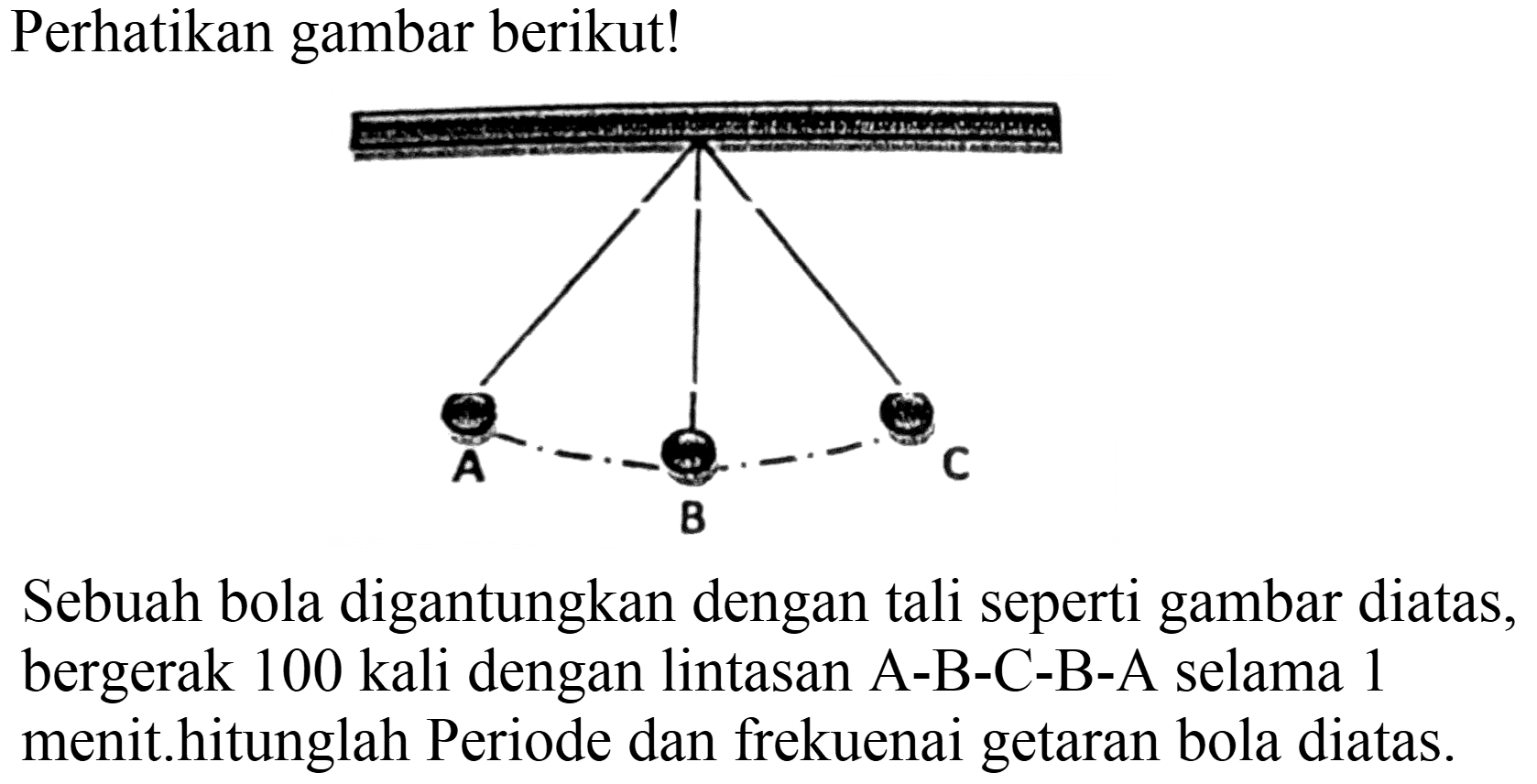 Perhatikan gambar berikut! A B C Sebuah bola digantungkan dengan tali seperti gambar diatas, bergerak 100 kali dengan lintasan A-B-C-B-A selama 1 menit. hitunglah Periode dan frekuenai getaran bola diatas.