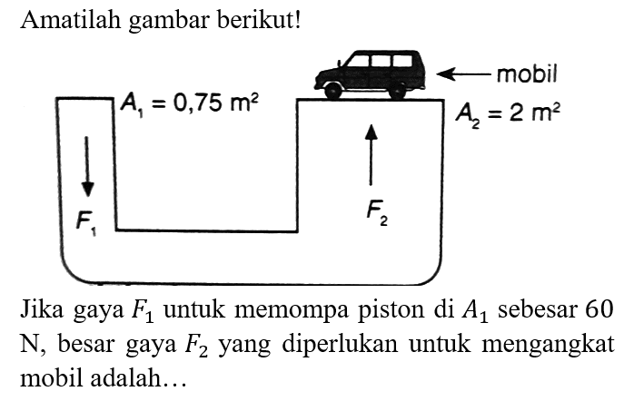 Amatilah gambar berikut!
A1 = 0,75 m^2 F1 mobil A2 = 2 m^2 F2
Jika gaya F1 untuk memompa piston di A1 sebesar 60 N, besar gaya F2 yang diperlukan untuk mengangkat mobil adalah...