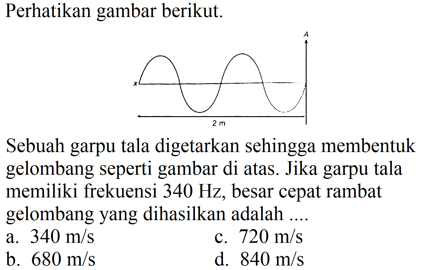 Perhatikan gambar berikut.
Sebuah garpu tala digetarkan sehingga membentuk gelombang seperti gambar di atas. Jika garpu tala memiliki frekuensi  340 Hz , besar cepat rambat gelombang yang dihasilkan adalah ...
a.  340 m / s 
c.  720 m / s 
b.  680 m / s 
d.  840 m / s 