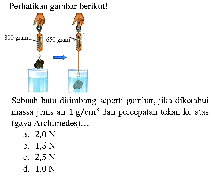 Perhatikan gambar berikut!
800 gram 650 gram 
Sebuah batu ditimbang seperti gambar, jika diketahui massa jenis air 1 g/cm^3 dan percepatan tekan ke atas (gaya Archimedes)...
a.  2,0 N 
b.  1,5 N 
c.  2,5 N 
d.  1,0 N 