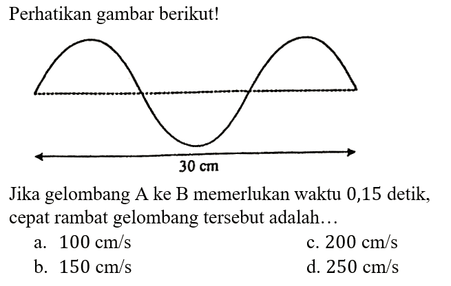 Perhatikan gambar berikut! 30 cm Jika gelombang A ke B memerlukan waktu 0,15 detik, cepat rambat gelombang tersebut adalah...
a. 100 cm/s c. 200 cm/s b. 150 cm/s d. 250 cm/s