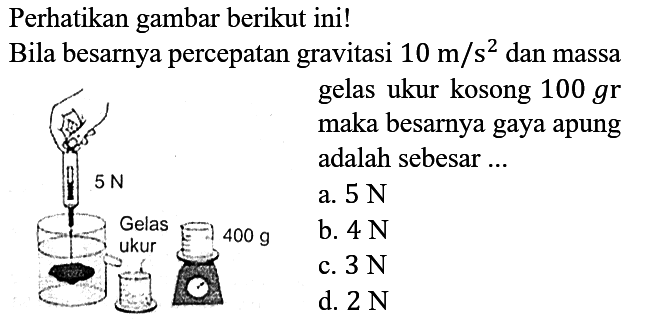 Perhatikan gambar berikut ini!
Bila besarnya percepatan gravitasi 10 m/s^2 dan massa
gelas ukur kosong  100 gr  maka besarnya gaya apung adalah sebesar ...
a.  5 N 
b.  4 N 
c.  3 N 
d.  2 N 
5 N Gelas ukur 400 g