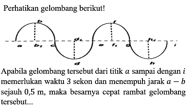 Perhatikan gelombang berikut! a b1 b c d d1 e f1 f g h h1 i 
Apabila gelombang tersebut dari titik a sampai dengan i memerlukan waktu 3 sekon dan menempuh jarak a-b sejauh 0,5 m, maka besarnya cepat rambat gelombang tersebut...