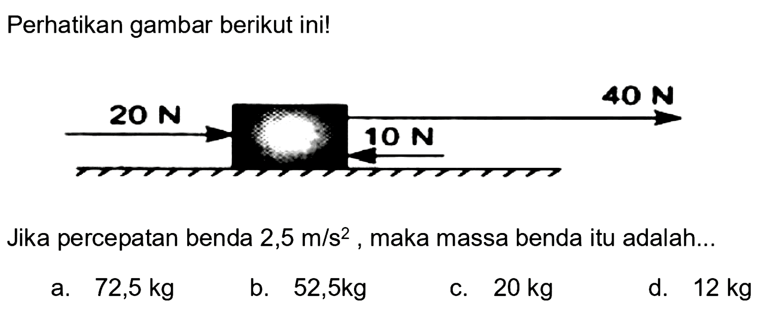 Perhatikan gambar berikut ini!
Jika percepatan benda  2,5 m / s^(2) , maka massa benda itu adalah...
a.  72,5 kg 
b.  52,5 kg 
c.  20 kg 
d.  12 kg 