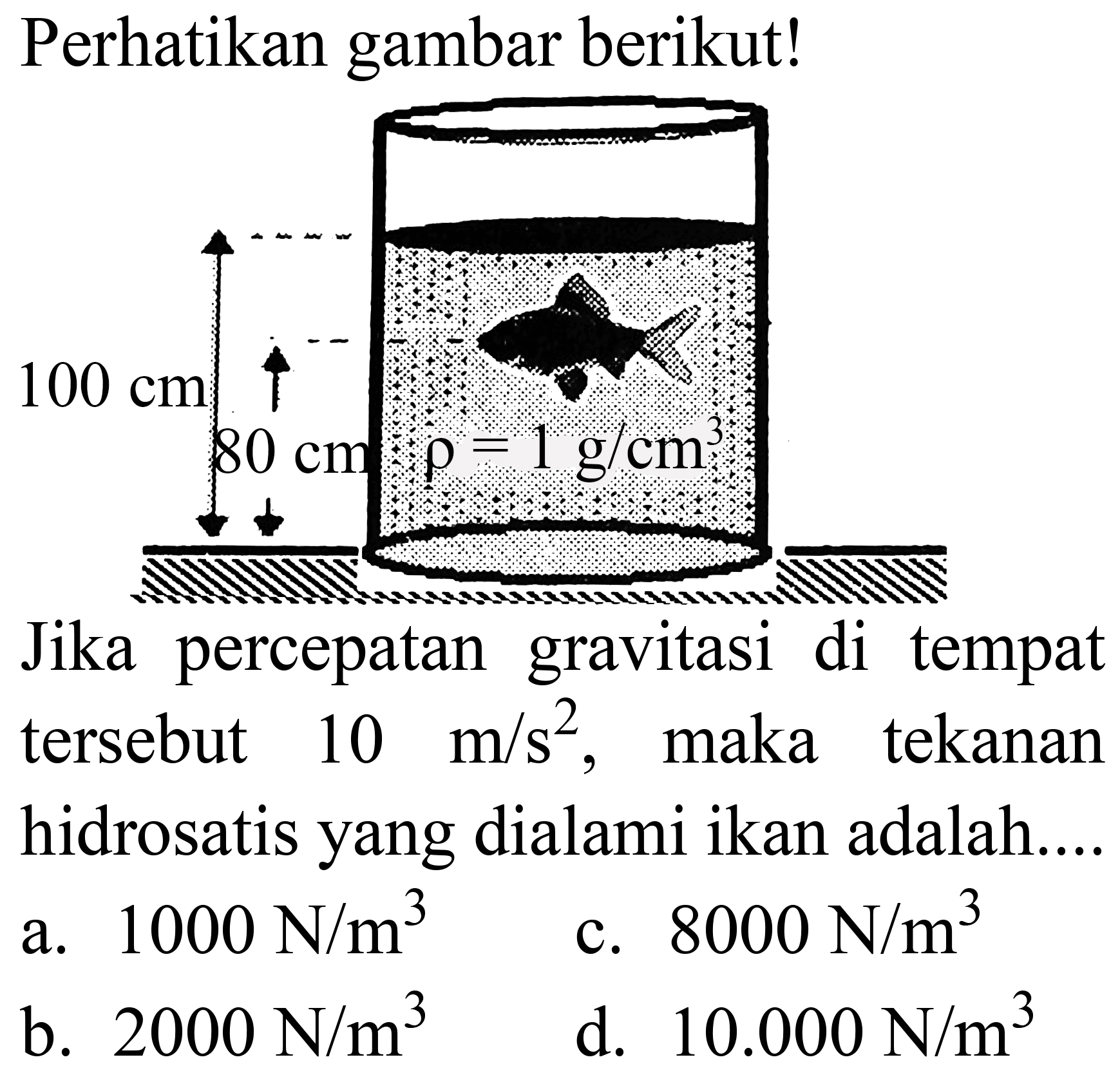 Perhatikan gambar berikut!
Jika percepatan gravitasi di tempat tersebut  10 m / s^(2) , maka tekanan hidrosatis yang dialami ikan adalah....
a.  1000 ~N / m^(3) 
c.  8000 ~N / m^(3) 
b.  2000 ~N / m^(3) 
d.  10.000 ~N / m^(3) 