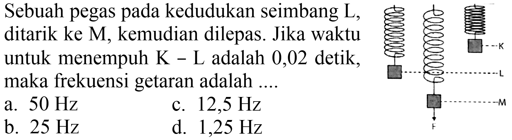 Sebuah pegas pada kedudukan seimbang L, ditarik ke M, kemudian dilepas. Jika waktu untuk menempuh K - L adalah 0,02 detik, maka frekuensi getaran adalah .... K L M F a. 50 Hz c. 12,5 Hz b. 25 Hz d. 1,25 Hz