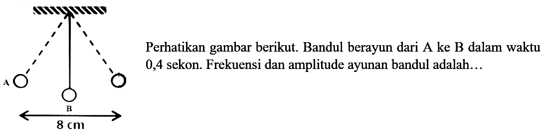 Perhatikan gambar berikut. A a 8 cm Bandul berayun dari A ke B dalam waktu 0,4 sekon. Frekuensi dan amplitude ayunan bandul adalah....