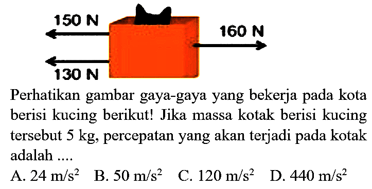 Perhatikan gambar gaya-gaya yang bekerja pada kota berisi kucing berikut! Jika massa kotak berisi kucing tersebut  5 kg , percepatan yang akan terjadi pada kotak adalah ....