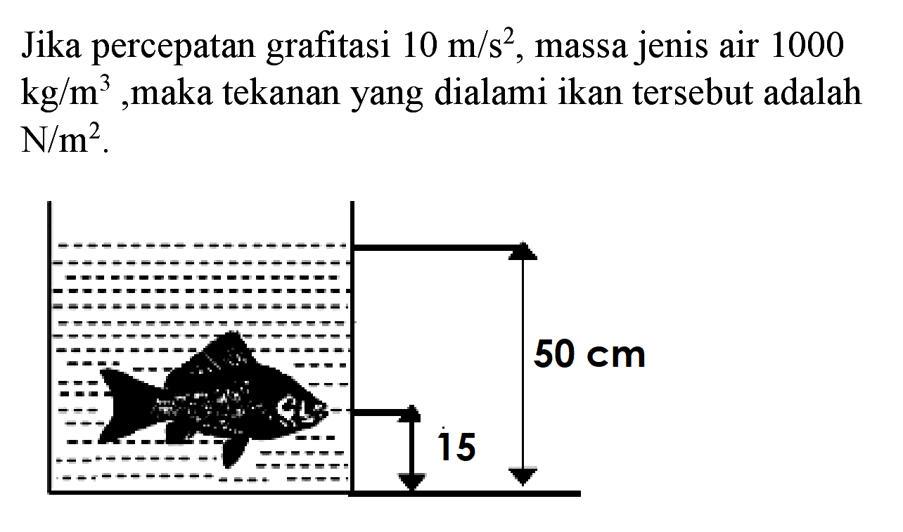 Jika percepatan grafitasi  10 m / s^(2) , massa jenis air 1000  kg / m^(3) , maka tekanan yang dialami ikan tersebut adalah  N / m^(2) .