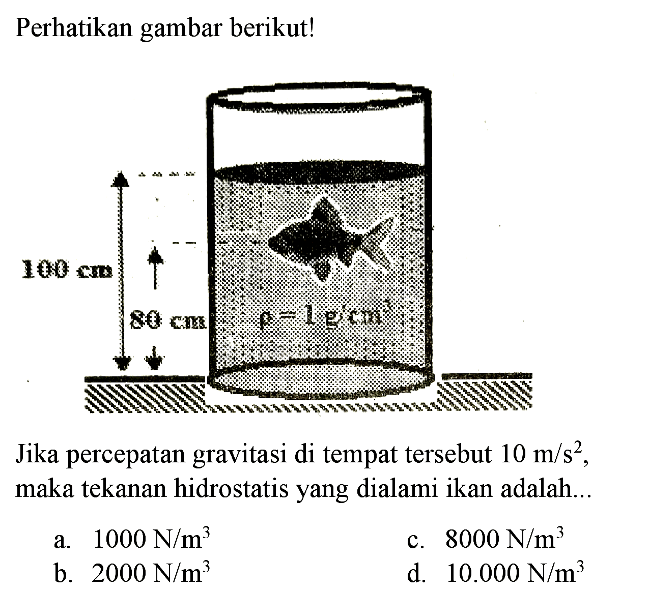 Perhatikan gambar berikut!
Jika percepatan gravitasi di tempat tersebut  10 m / s^(2) , maka tekanan hidrostatis yang dialami ikan adalah...
a.  1000 ~N / m^(3) 
c.  8000 ~N / m^(3) 
b.  2000 ~N / m^(3) 
d.  10.000 ~N / m^(3) 