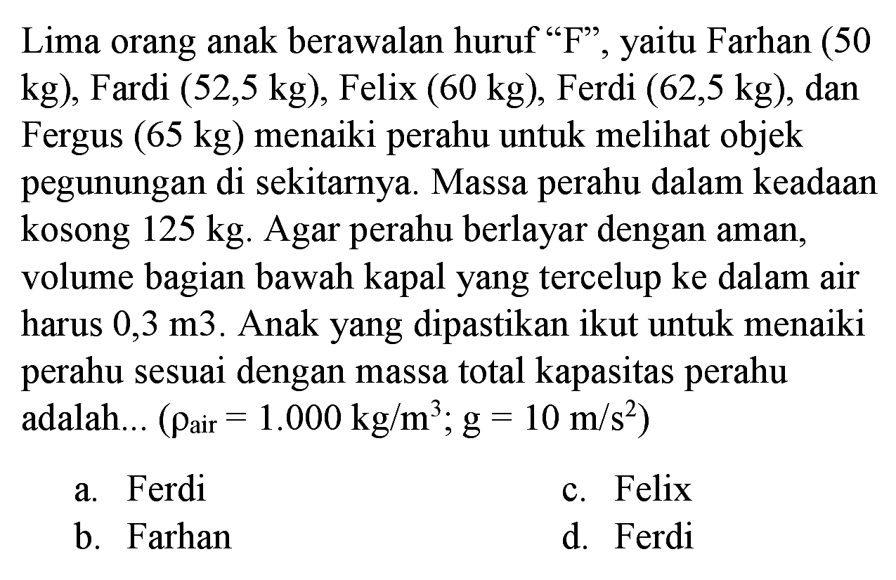 Lima orang anak berawalan huruf "  F  ", yaitu Farhan  (50   kg) , Fardi  (52,5 kg) , Felix  (60 kg) , Ferdi  (62,5 kg) , dan Fergus  (65 kg)  menaiki perahu untuk melihat objek pegunungan di sekitarnya. Massa perahu dalam keadaan kosong  125 kg . Agar perahu berlayar dengan aman, volume bagian bawah kapal yang tercelup ke dalam air harus  0,3 m 3 . Anak yang dipastikan ikut untuk menaiki perahu sesuai dengan massa total kapasitas perahu adalah... (  .rho_( {air ))=1.000 kg / m^(3) ; g=10 m / s^(2)) 
a. Ferdi
c. Felix
b. Farhan
d. Ferdi