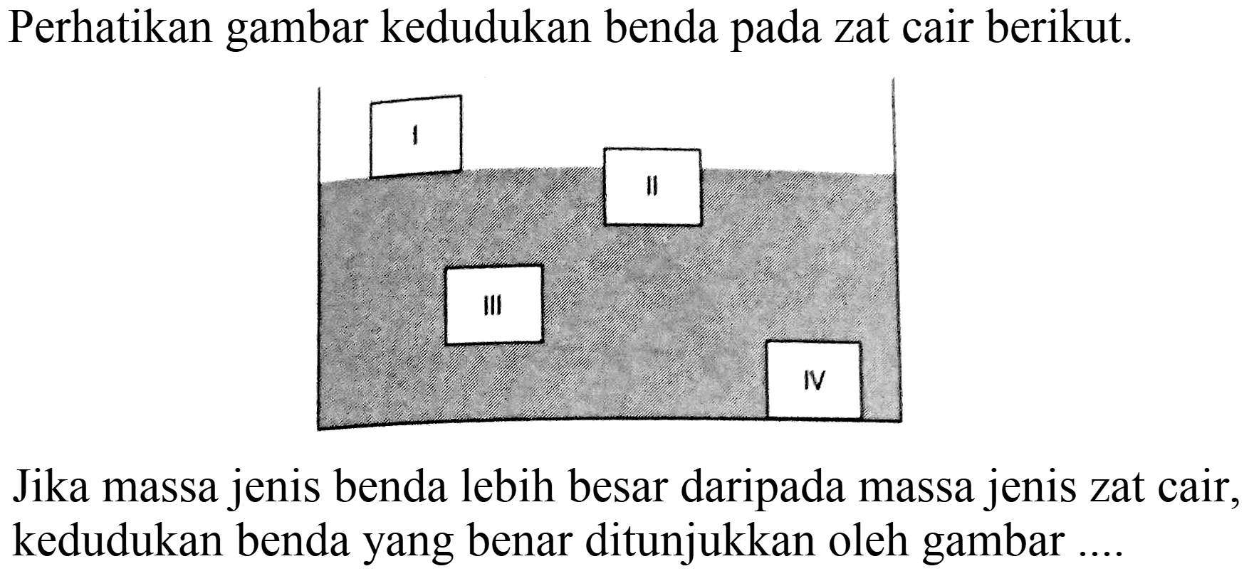 Perhatikan gambar kedudukan benda pada zat cair berikut.
Jika massa jenis benda lebih besar daripada massa jenis zat cair, kedudukan benda yang benar ditunjukkan oleh gambar ....