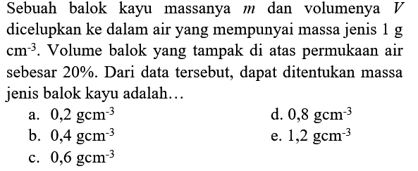 Sebuah balok kayu massanya m dan volumenya V dicelupkan ke dalam air yang mempunyai massa jenis 1 g cm^(-3). Volume balok yang tampak di atas permukaan air sebesar 20%. Dari data tersebut, dapat ditentukan massa jenis balok kayu adalah ...