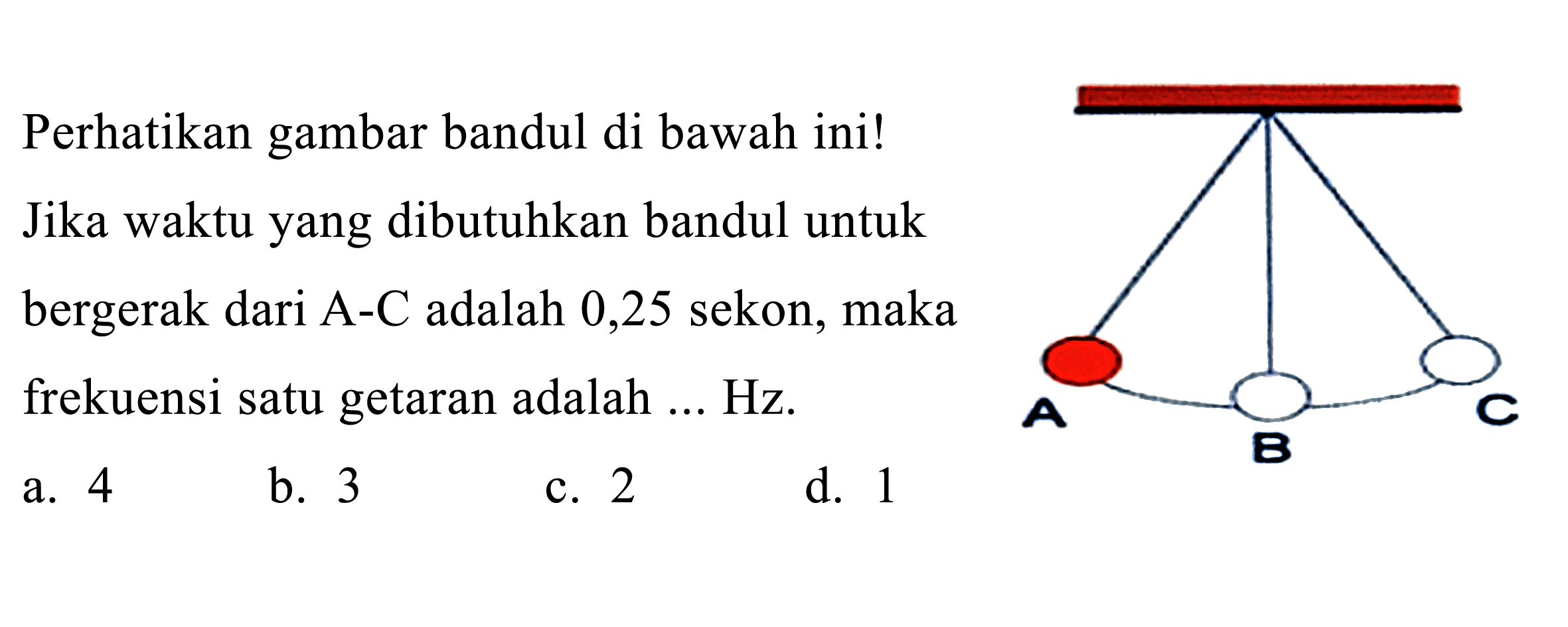 Perhatikan gambar bandul di bawah ini! Jika waktu yang dibutuhkan bandul untuk bergerak dari A-C adalah 0,25 sekon, maka frekuensi satu getaran adalah ... Hz. A B C