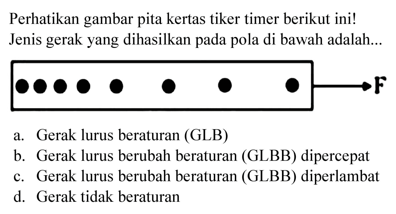 Perhatikan gambar pita kertas tiker timer berikut ini! Jenis gerak yang dihasilkan pada pola di bawah adalah...