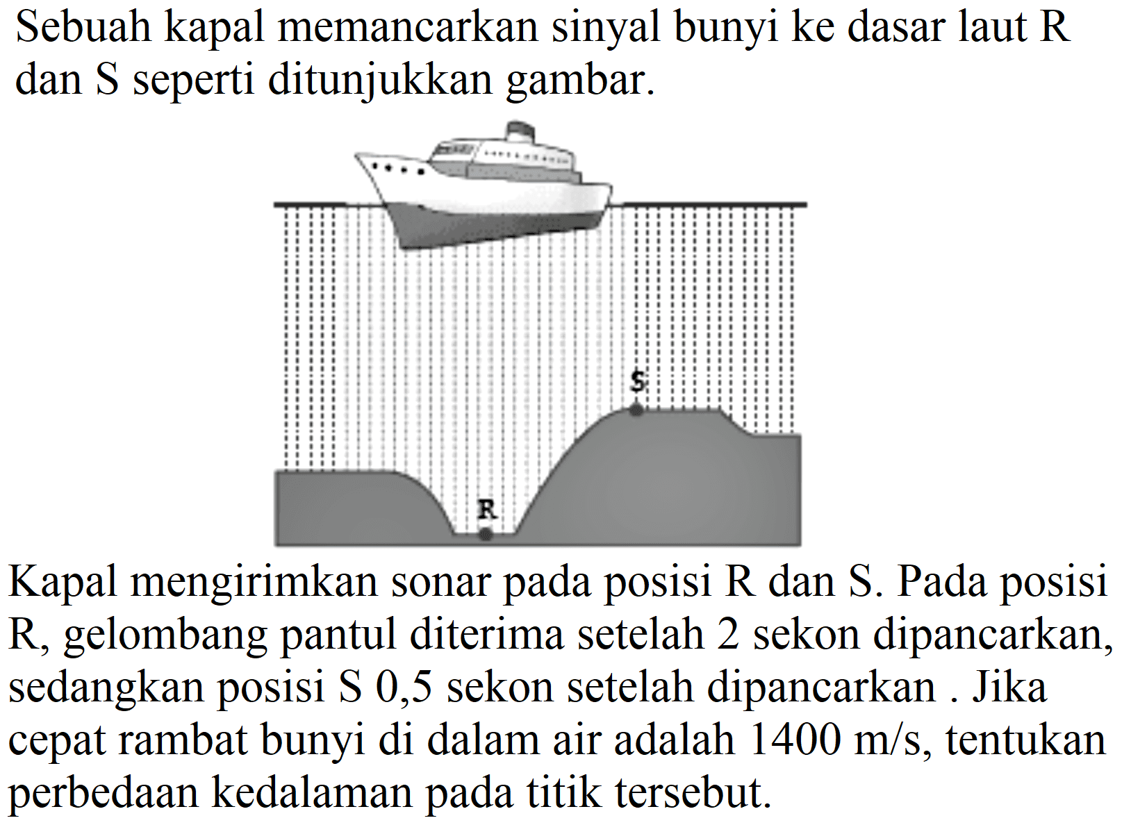 Sebuah kapal memancarkan sinyal bunyi ke dasar laut  R  dan S seperti ditunjukkan gambar.

Kapal mengirimkan sonar pada posisi R dan S. Pada posisi  R , gelombang pantul diterima setelah 2 sekon dipancarkan, sedangkan posisi S 0,5 sekon setelah dipancarkan. Jika cepat rambat bunyi di dalam air adalah  1400 m / s , tentukan perbedaan kedalaman pada titik tersebut.