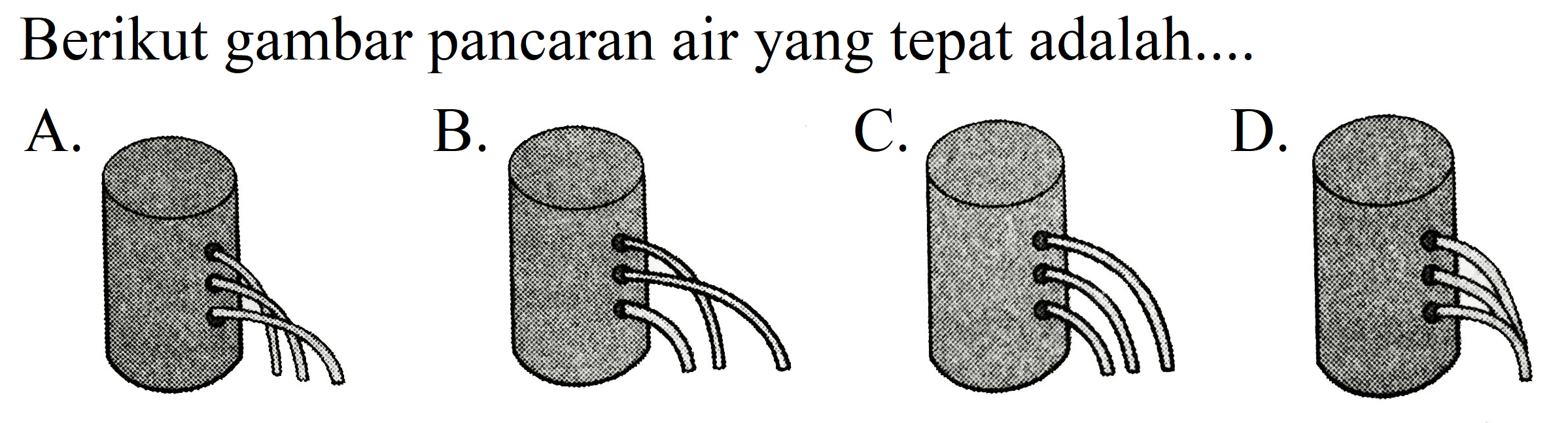 Berikut gambar pancaran air yang tepat adalah....
A.
C.
D.