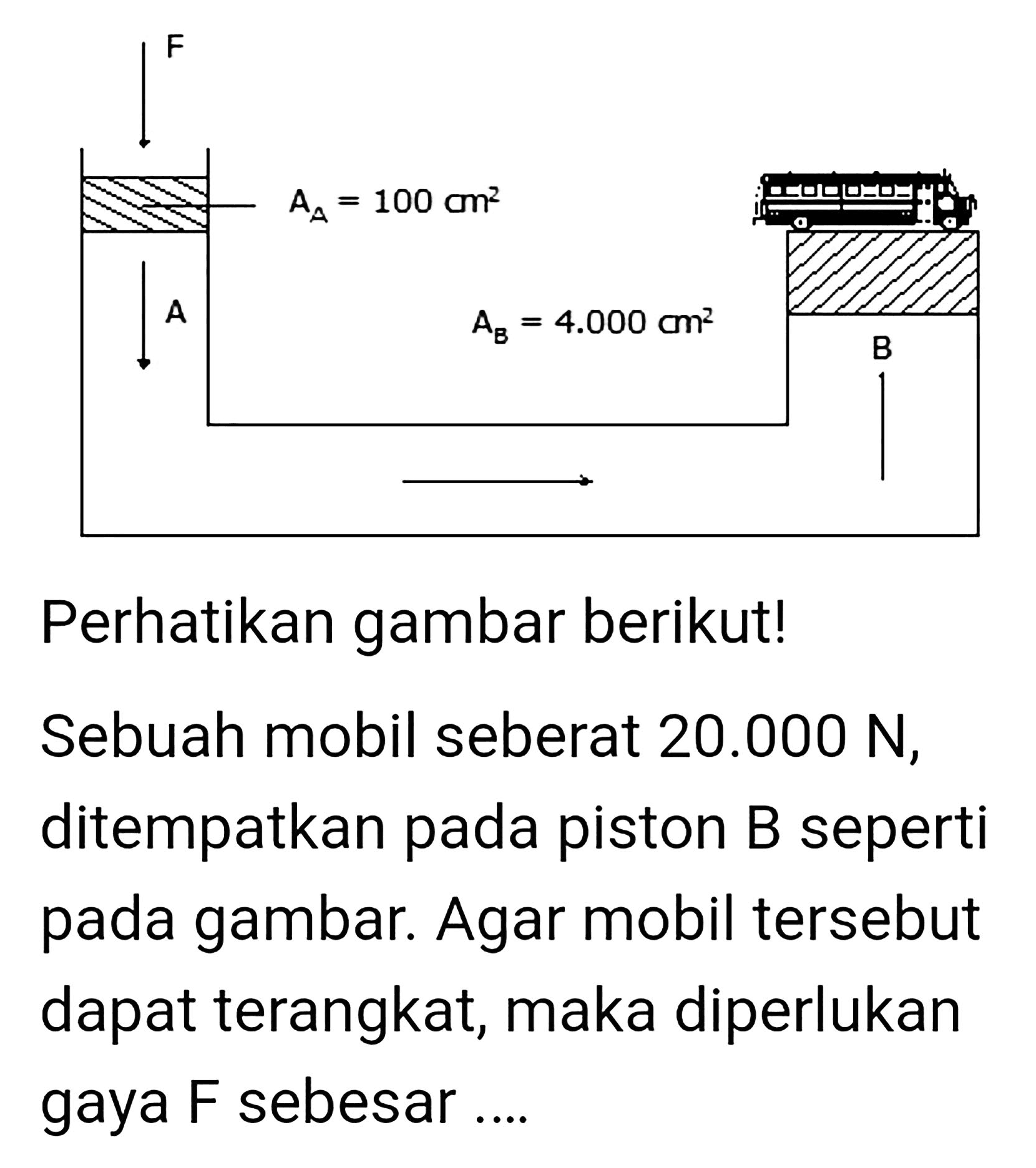 Perhatikan gambar berikut!
Sebuah mobil seberat  20.000 ~N , ditempatkan pada piston B seperti pada gambar. Agar mobil tersebut dapat terangkat, maka diperlukan gaya  F  sebesar ....