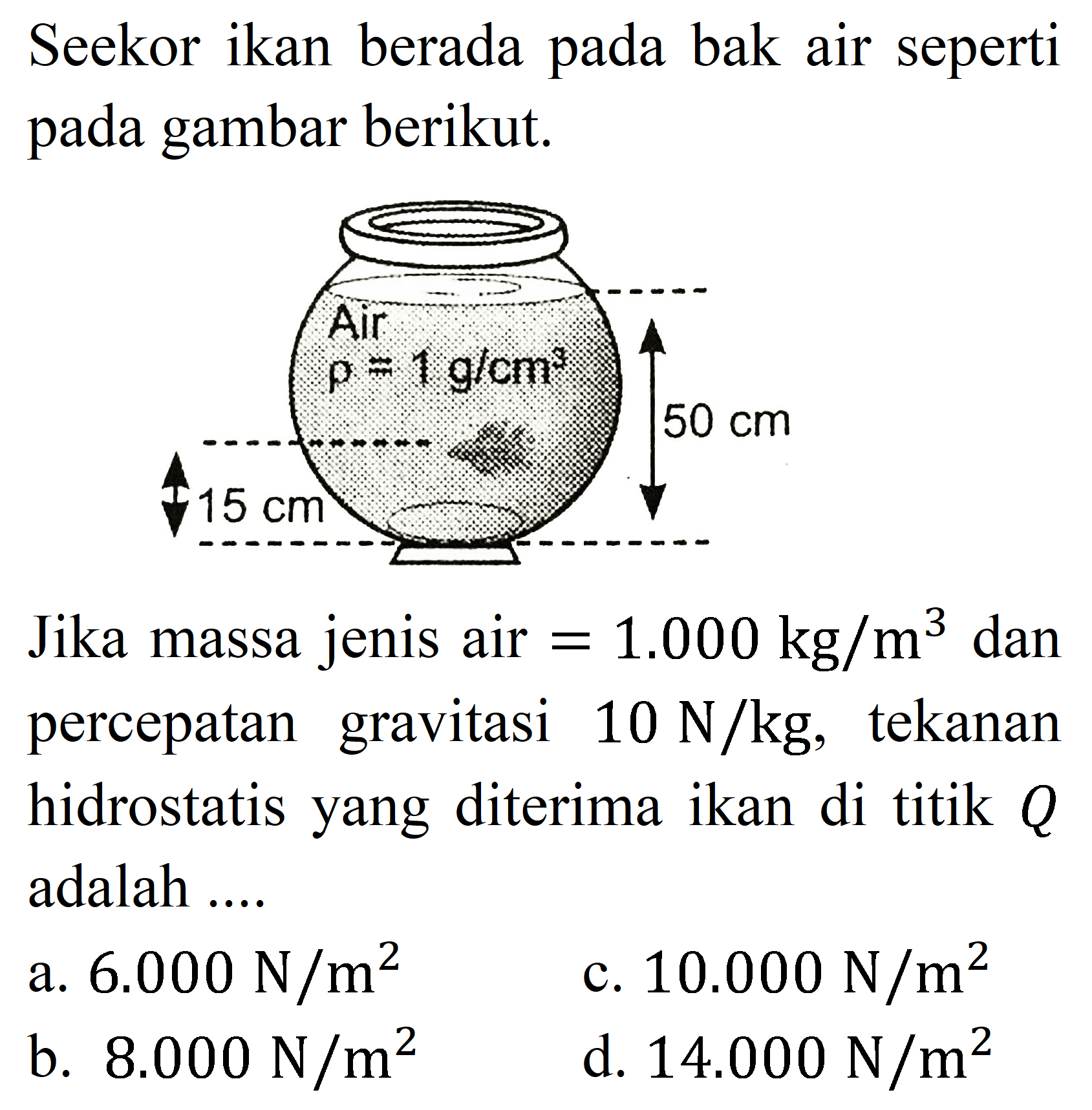 Seekor ikan berada pada bak air seperti pada gambar berikut.

Jika massa jenis air  =1.000 kg / m^(3)  dan percepatan gravitasi  10 ~N / kg , tekanan hidrostatis yang diterima ikan di titik  Q  adalah ....
a.  6.000 ~N / m^(2) 
c.  10.000 ~N / m^(2) 
b.  8.000 ~N / m^(2) 
d.  14.000 ~N / m^(2) 