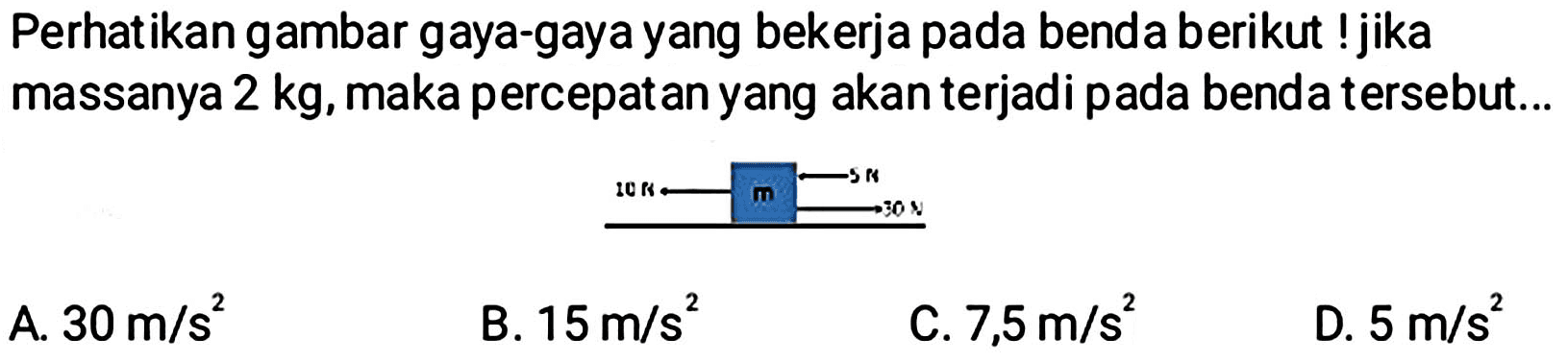 Perhatikan gambar gaya-gaya yang bekerja pada benda berikut ! jika massanya  2 kg , maka percepat an yang akan terjadi pada benda tersebut...