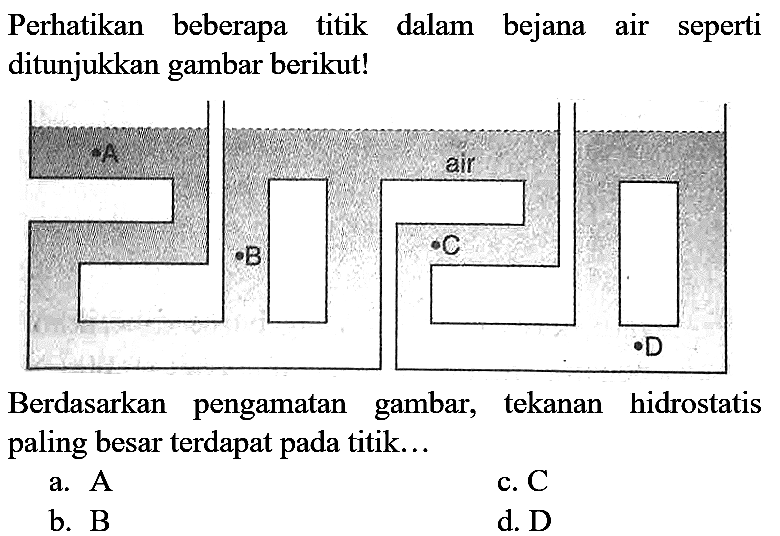 Perhatikan beberapa titik dalam bejana air seperti ditunjukkan gambar berikut!

Berdasarkan pengamatan gambar, tekanan hidrostatis paling besar terdapat pada titik...
a.  A 
c.  C 
b.  B 
d. D