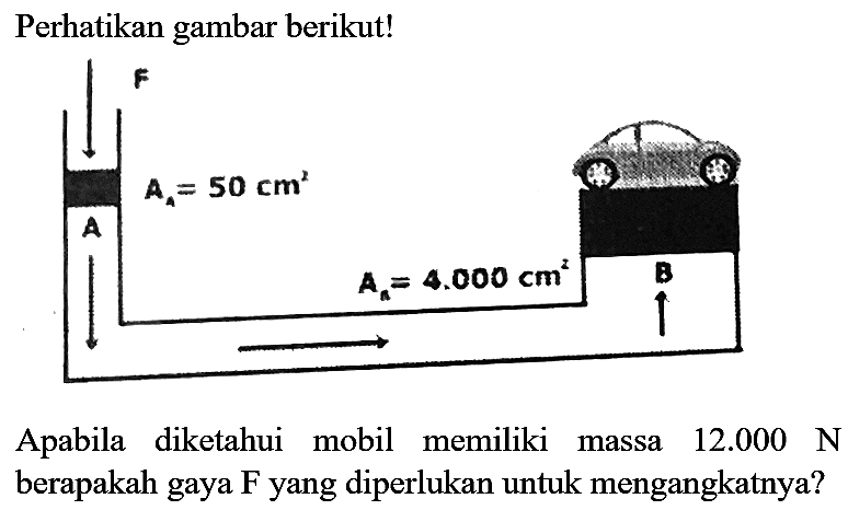 Perhatikan gambar berikut!
F A=50 cm^3 A A=4000 cm^2 B
Apabila diketahui mobil memiliki massa  12.000 ~N  berapakah gaya  F  yang diperlukan untuk mengangkatnya?