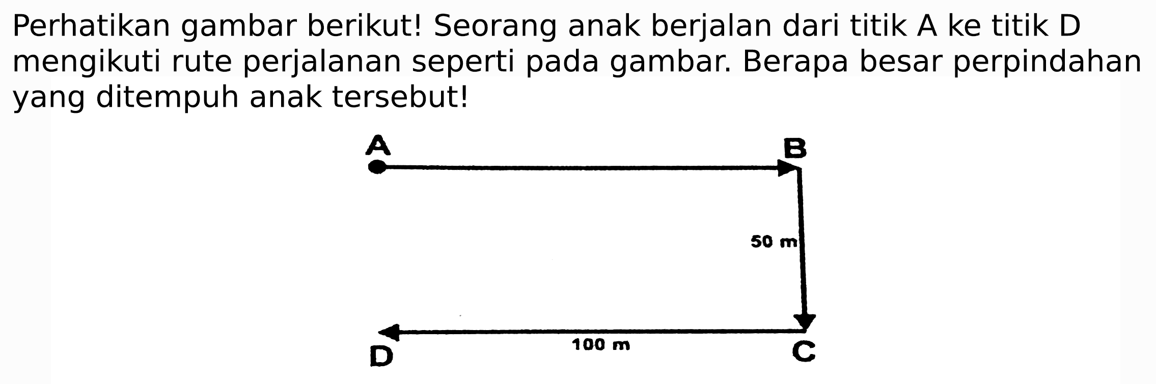 Perhatikan gambar berikut! Seorang anak berjalan dari titik A ke titik D mengikuti rute perjalanan seperti pada gambar. Berapa besar perpindahan yang ditempuh anak tersebut!
A B 50 m D 100 m C