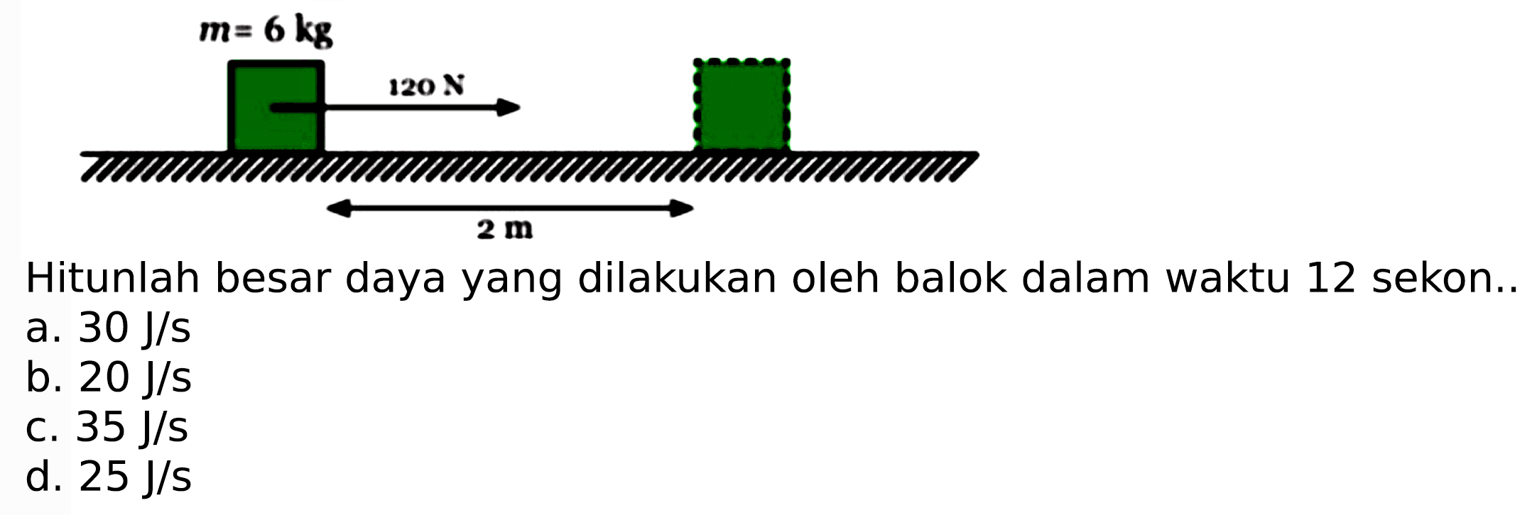 Hitunlah besar daya yang dilakukan oleh balok dalam waktu 12 sekon..
a.  30 J / s 
b.  20 J / s 
c.  35 J / s 
d.  25 J / s 