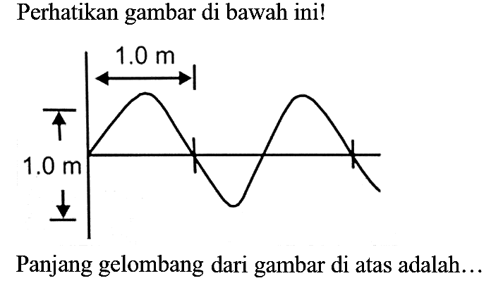 Perhatikan gambar di bawah ini!
1.0 m 1.0 m 
Panjang gelombang dari gambar di atas adalah...