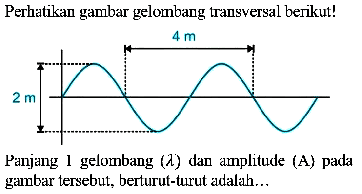 Perhatikan gambar gelombang transversal berikut! 4 m 2 m 
Panjang 1 gelombang (lambda) dan amplitude (A) pada gambar tersebut, berturut-turut adalah...