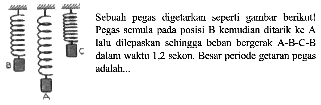 B A C 
Sebuah pegas digetarkan seperti gambar berikut! Pegas semula pada posisi B kemudian ditarik ke A lalu dilepaskan sehingga beban bergerak A-B-C-B dalam waktu 1,2 sekon. Besar periode getaran pegas adalah...