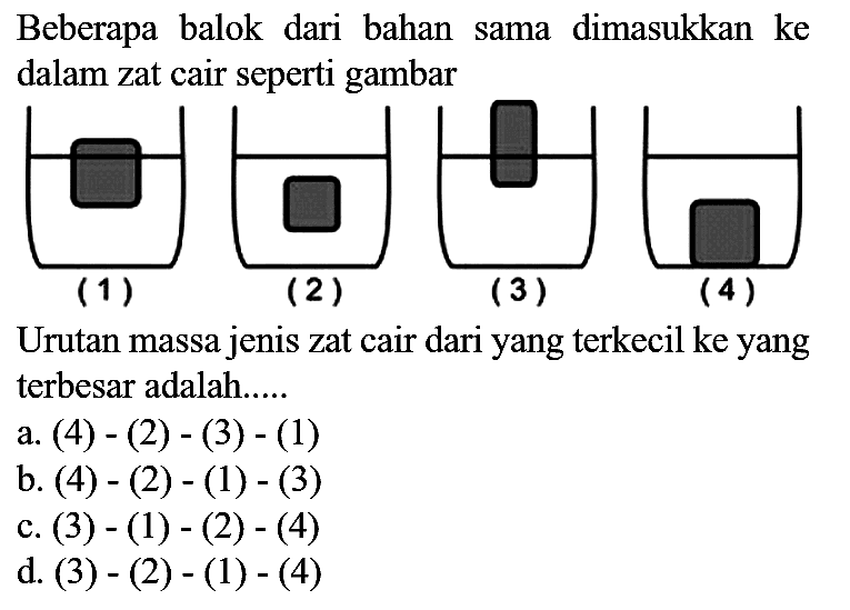 Beberapa balok dari bahan sama dimasukkan ke dalam zat cair seperti gambar
(1)
(2)
(3)
(4)
Urutan massa jenis zat cair dari yang terkecil ke yang terbesar adalah.....
a. (4) - (2) - (3) - (1)
b. (4) - (2) - (1) - (3)
c. (3)  -(1)-(2)-(4) 
d. (3)  -(2)-(1)-(4) 