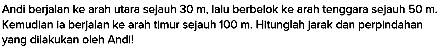 Andi berjalan ke arah utara sejauh  30 m , lalu berbelok ke arah tenggara sejauh  50 m . Kemudian ia berjalan ke arah timur sejauh  100 m . Hitunglah jarak dan perpindahan yang dilakukan oleh Andi!