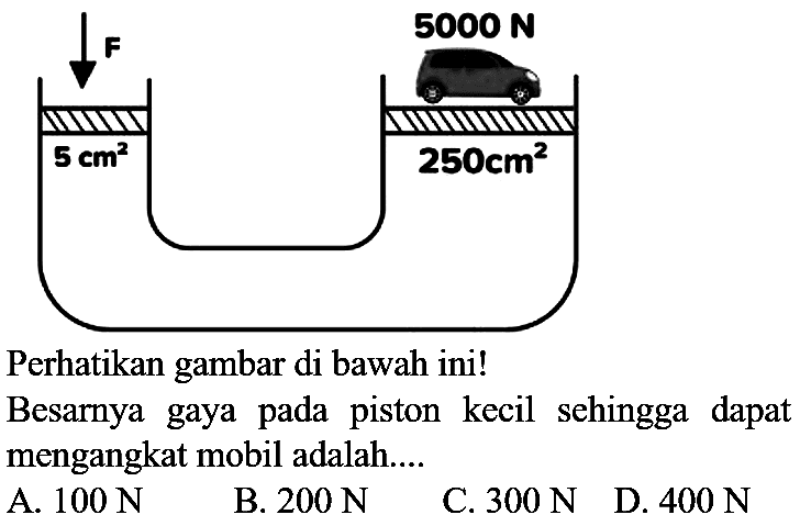 Perhatikan gambar di bawah ini!
Besarnya gaya pada piston kecil sehingga dapat mengangkat mobil adalah....
A.  100 N 
B.  200 N 
C.  300 N 
D.  400 N 