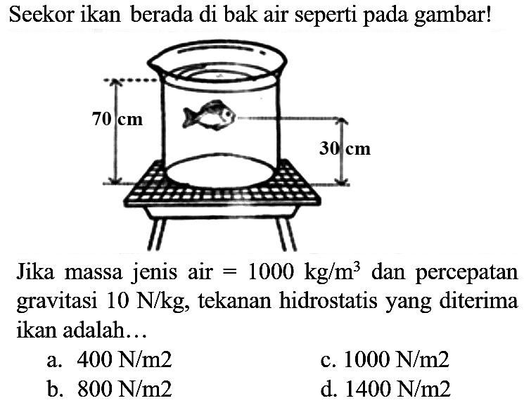 Seekor ikan berada di bak air seperti pada gambar!
Jika massa jenis air  =1000 kg / m^(3)  dan percepatan gravitasi  10 N / kg , tekanan hidrostatis yang diterima ikan adalah...
a.  400 N / m 2 
c.  1000 N / m 2 
b.  800 N / m 2 
d.  1400 N / m 2 