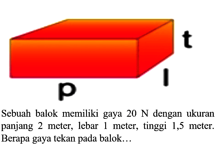 Sebuah balok memiliki gaya  20 N  dengan ukuran panjang 2 meter, lebar 1 meter, tinggi 1,5 meter. Berapa gaya tekan pada balok...