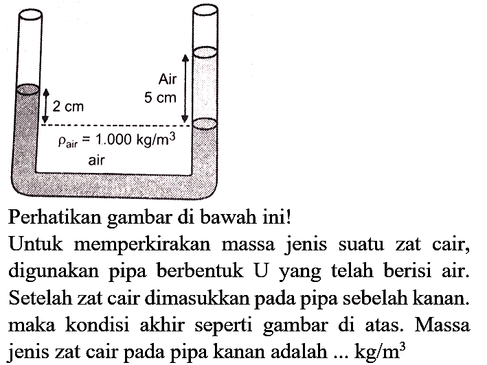 Perhatikan gambar di bawah ini!
Untuk memperkirakan massa jenis suatu zat cair, digunakan pipa berbentuk U yang telah berisi air. Setelah zat cair dimasukkan pada pipa sebelah kanan. maka kondisi akhir seperti gambar di atas. Massa jenis zat cair pada pipa kanan adalah ...  kg / m^(3) 