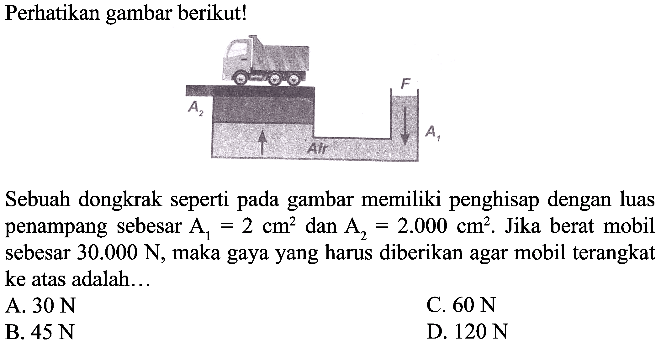 Perhatikan gambar berikut!
Sebuah dongkrak seperti pada gambar memiliki penghisap dengan luas penampang sebesar  A_(1)=2 cm^(2)  dan  A_(2)=2.000 cm^(2) . Jika berat mobil sebesar  30.000 ~N , maka gaya yang harus diberikan agar mobil terangkat ke atas adalah...
A.  30 ~N 
C.  60 ~N 
B.  45 ~N 
D.  120 ~N 