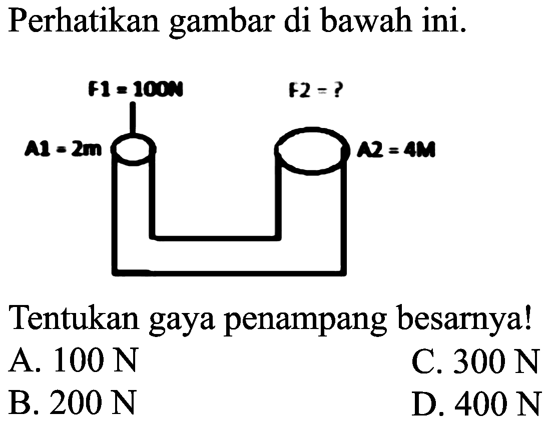 Perhatikan gambar di bawah ini.
Tentukan gaya penampang besarnya!
A.  100 ~N 
C.  300 ~N 
B.  200 ~N 
D.  400 ~N 