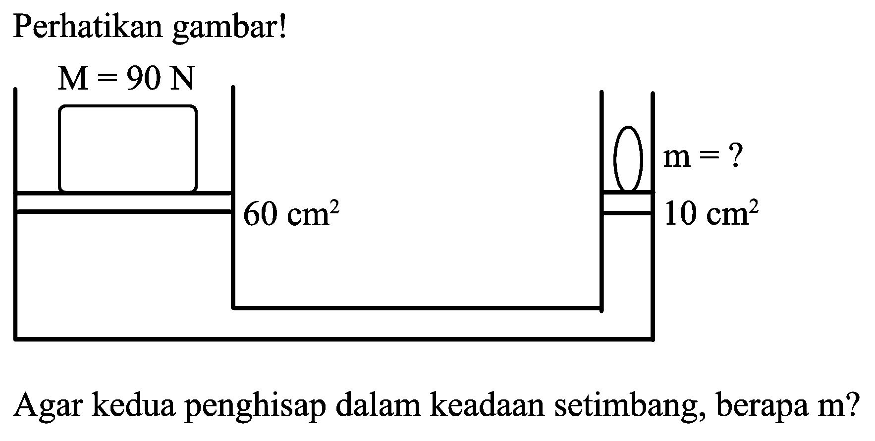 Perhatikan gambar!
Agar kedua penghisap dalam keadaan setimbang, berapa  m  ?