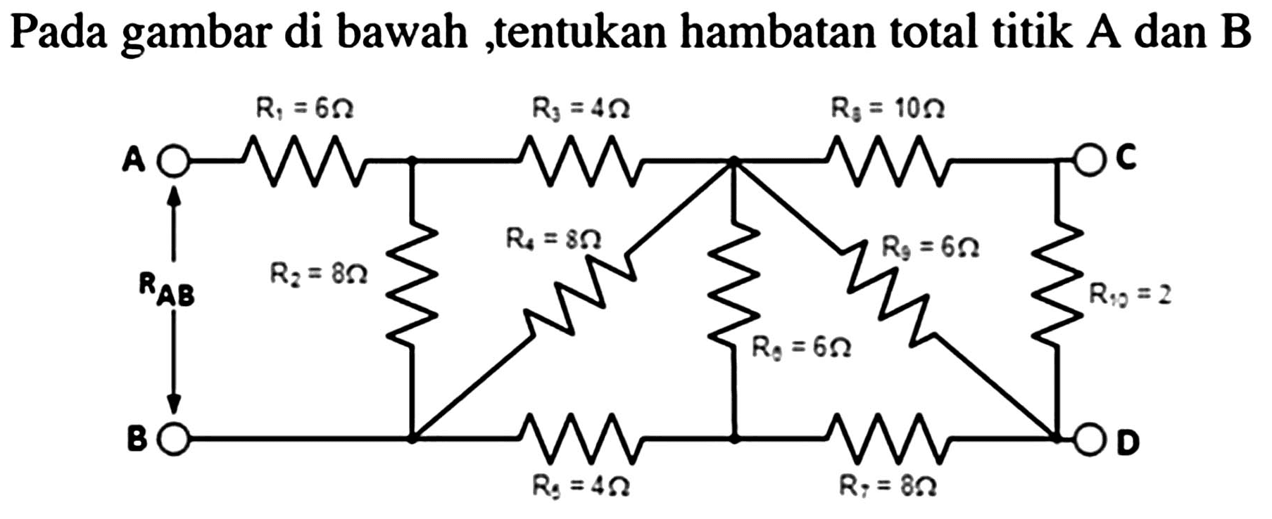 Pada gambar di bawah ,tentukan hambatan total titik  A  dan  B