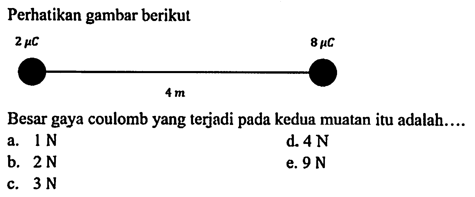 Perhatikan gambar berikut 2 mikro C 8 mikro C 4 m
Besar gaya coulomb yang terjadi pada kedua muatan itu adalah....
a. 1 N d. 4 N b. 2 N e. 9 N c. 3 N