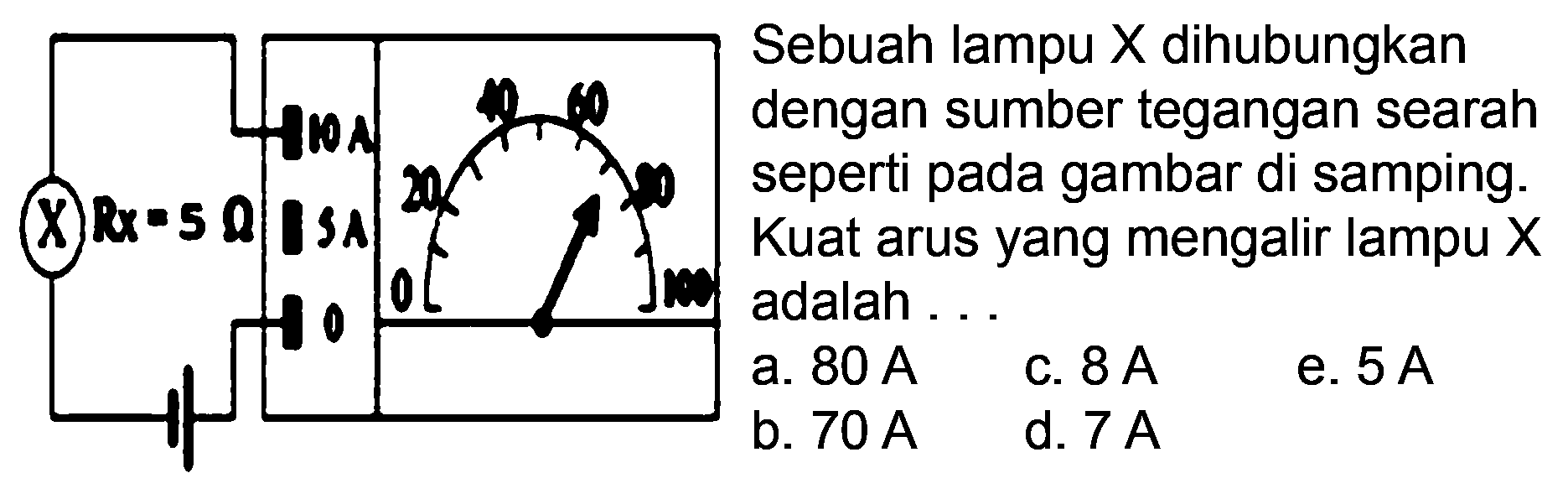 Sebuah lampu X dihubungkan dengan sumber tegangan searah seperti pada gambar di samping. Kuat arus yang mengalir lampu X adalah ... X Rx=5 ohm 10 A 5 A 0 0 20 40 60 80 100