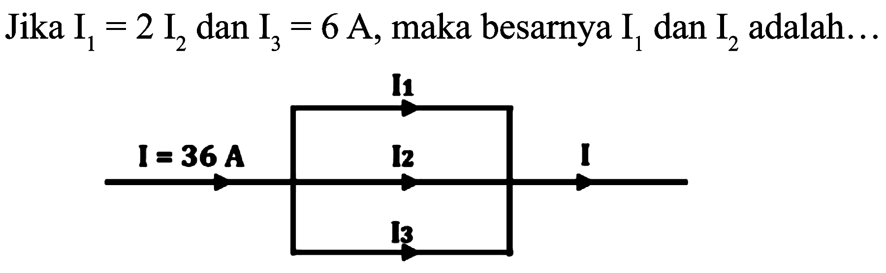 Jika  I_(1)=2 I_(2)  dan  I_(3)=6 ~A , maka besarnya  I_(1)  dan  I_(2)  adalah..