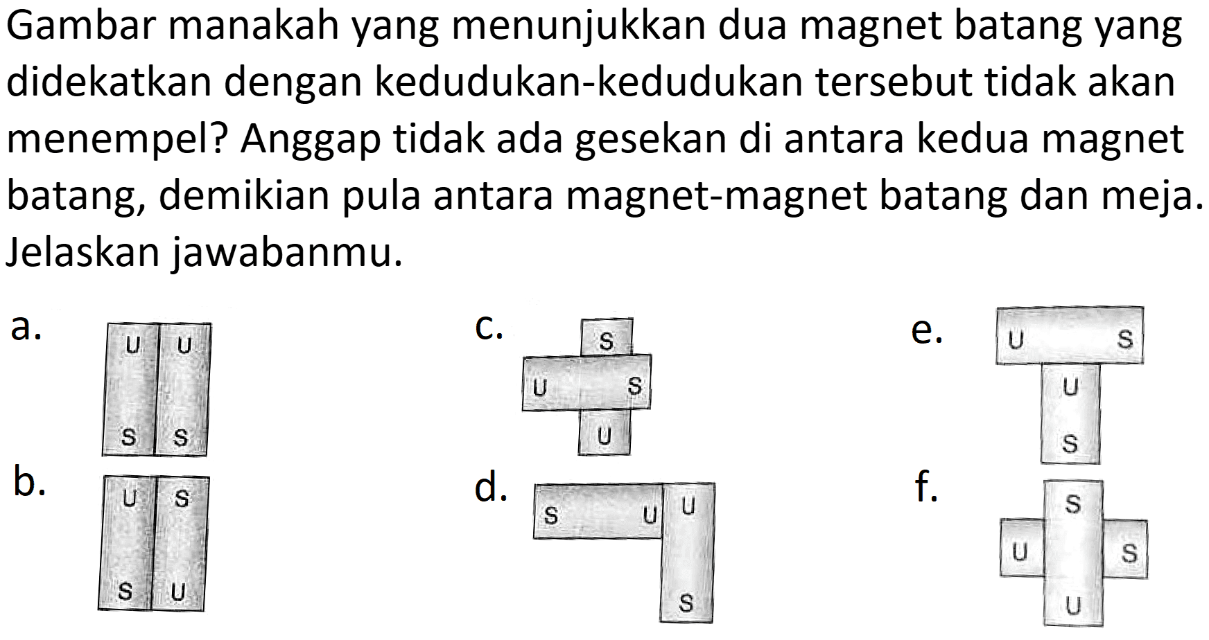 Gambar manakah yang menunjukkan dua magnet batang yang didekatkan dengan kedudukan-kedudukan tersebut tidak akan menempel? Anggap tidak ada gesekan di antara kedua magnet batang, demikian pula antara magnet-magnet batang dan meja. Jelaskan jawabanmu.