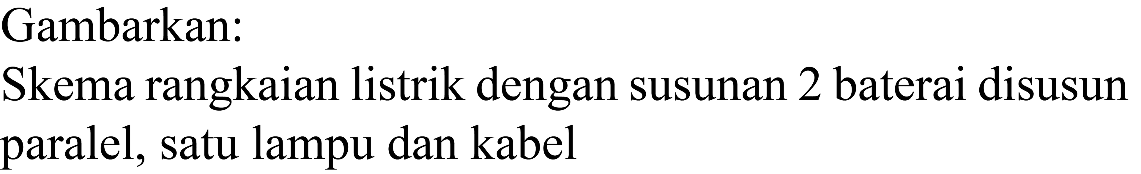 Gambarkan:
Skema rangkaian listrik dengan susunan 2 baterai disusun paralel, satu lampu dan kabel